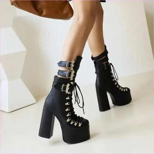 Black Multi Buckle Platform Boots with High Wedge Heel - Pleasures and Sins