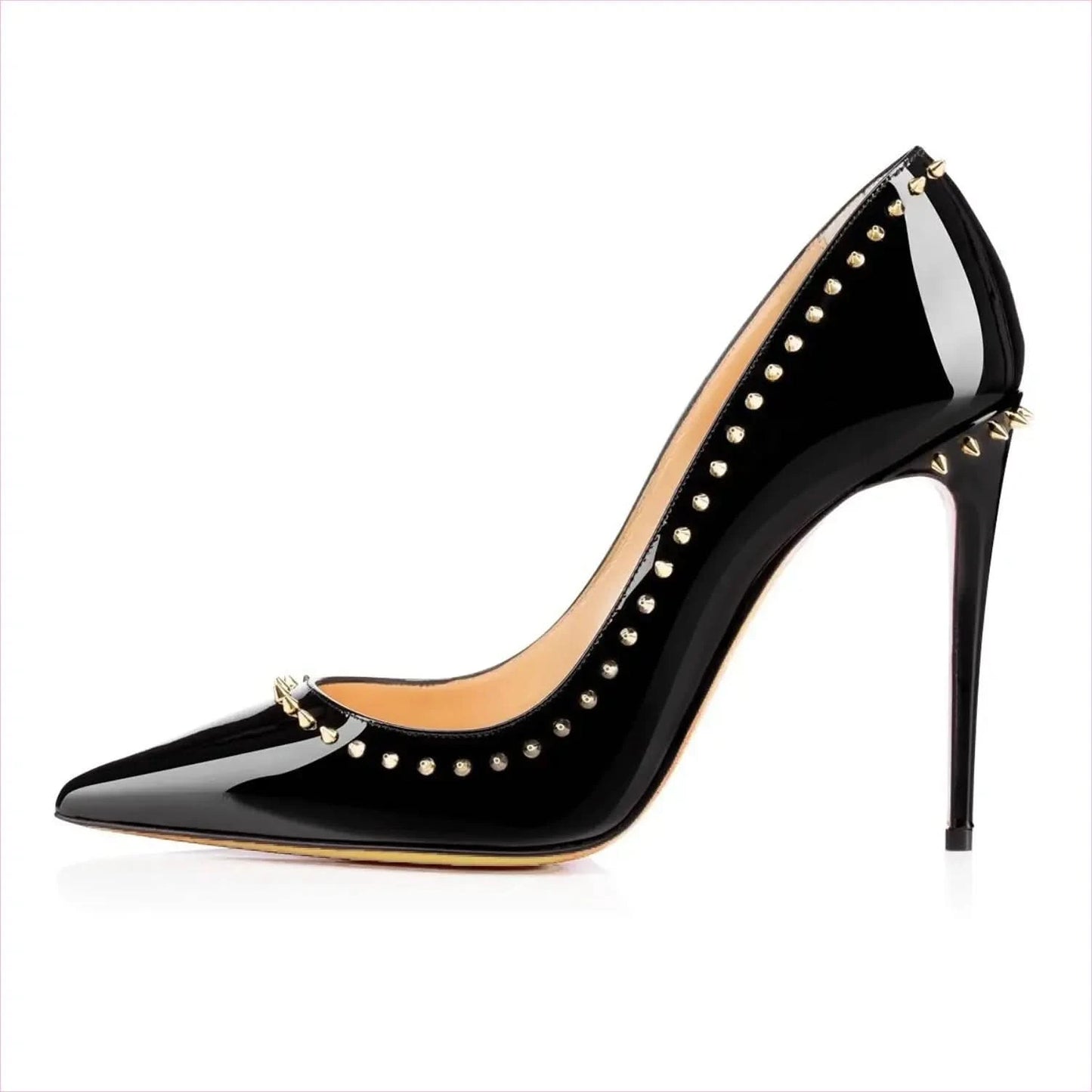 Black Patent Leather Pointed Toe Studded High Heel Unisex Pumps - Pleasures and Sins