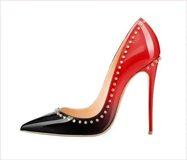 Black Patent Leather Pointed Toe Studded High Heel Unisex Pumps - Pleasures and Sins