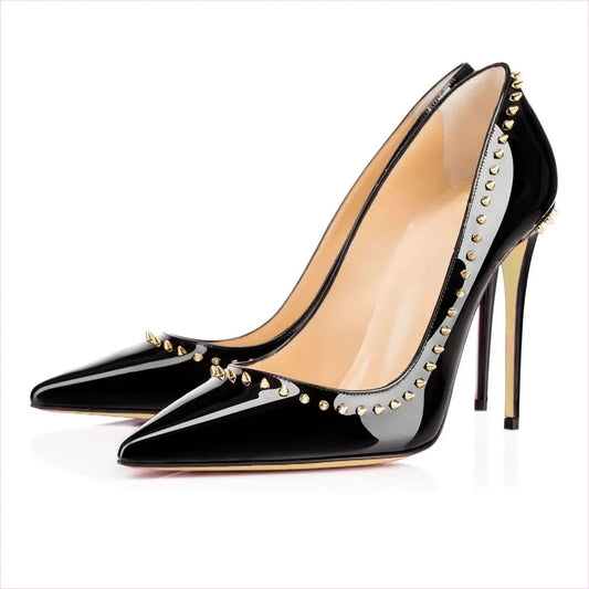 Black Patent Leather Pointed Toe Studded High Heel Unisex Pumps - Pleasures and Sins