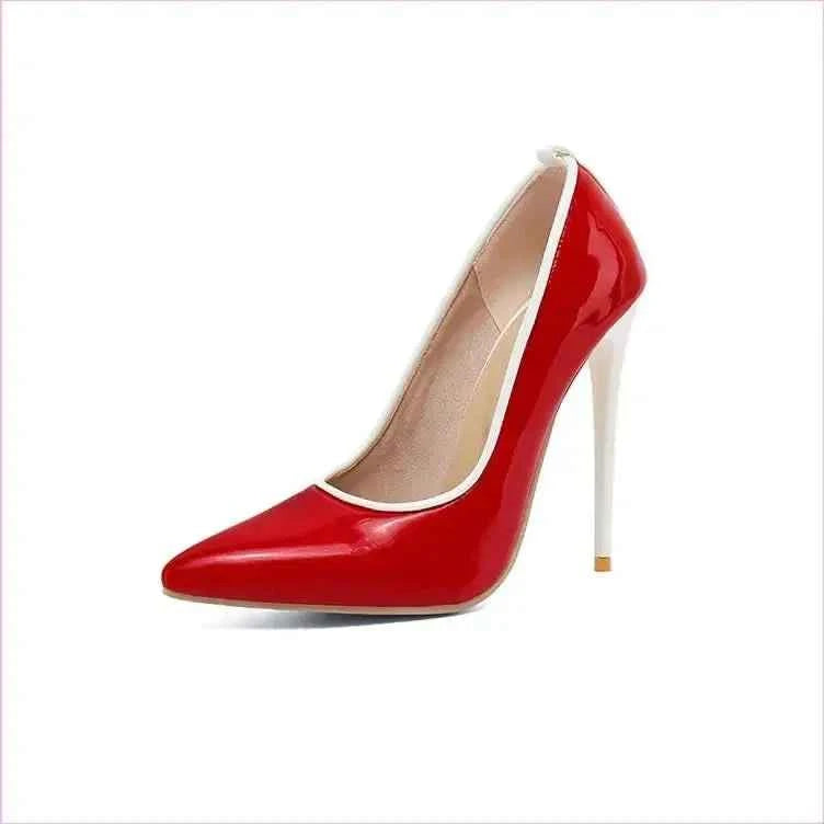 Black Patent Leather Stiletto Heel with White Pointed Toe - Pleasures and Sins