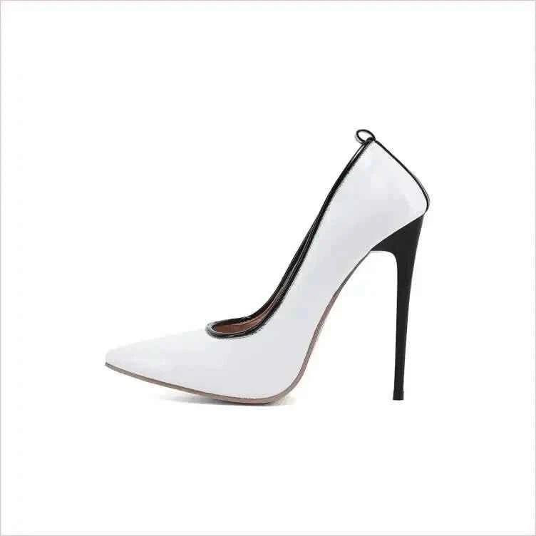 Black Patent Leather Stiletto Heel with White Pointed Toe - Pleasures and Sins