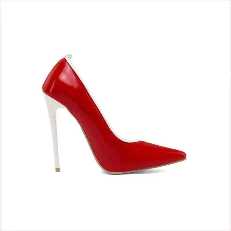 Black Patent Leather Stiletto Heel with White Pointed Toe - Pleasures and Sins