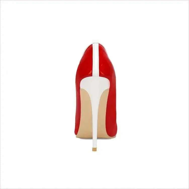Black Patent Leather Stiletto Heel with White Pointed Toe - Pleasures and Sins