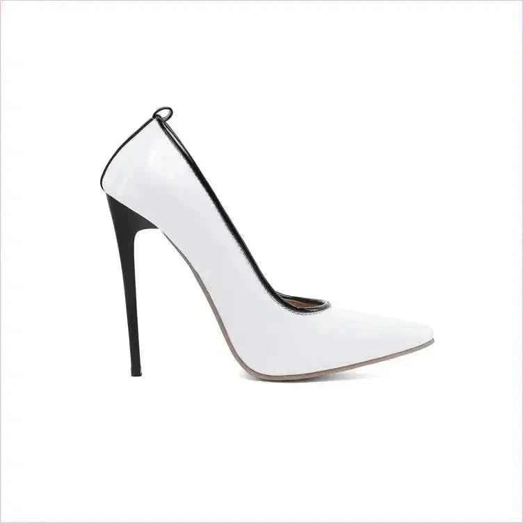 Black Patent Leather Stiletto Heel with White Pointed Toe - Pleasures and Sins