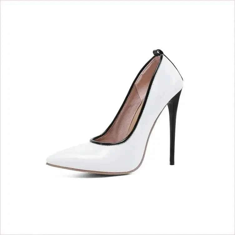 Black Patent Leather Stiletto Heel with White Pointed Toe - Pleasures and Sins