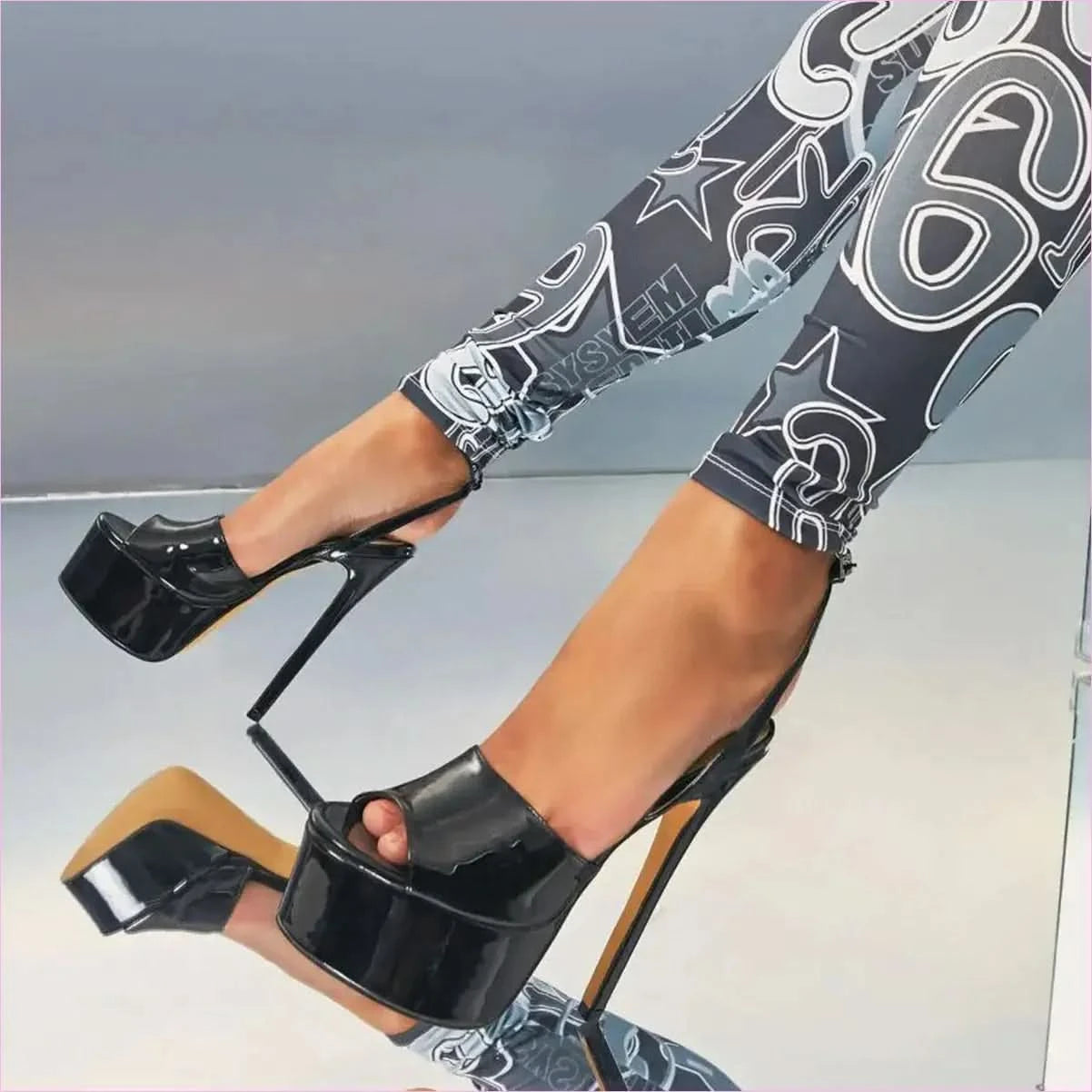 Black Patent Peep Toe Ankle Fasten High Heel Sandals - Pleasures and Sins