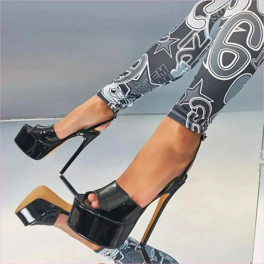 Black Patent Peep Toe Ankle Fasten High Heel Sandals - Pleasures and Sins