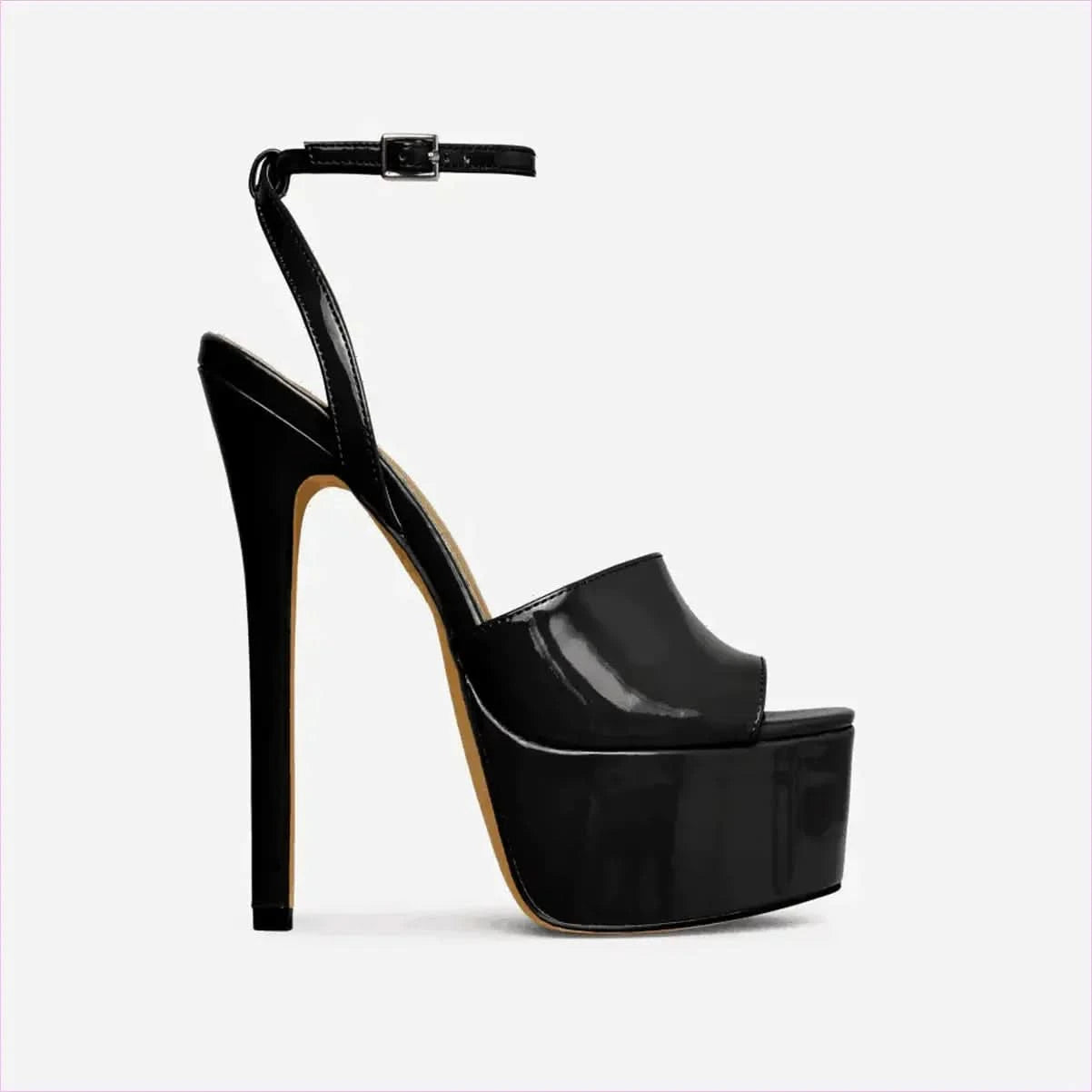 Black Patent Peep Toe Ankle Fasten High Heel Sandals - Pleasures and Sins