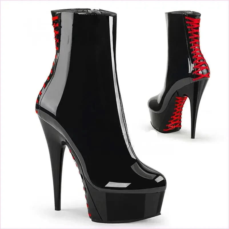 Black Patent Platform Heel Lace-up Boots in Red and Black - Pleasures and Sins