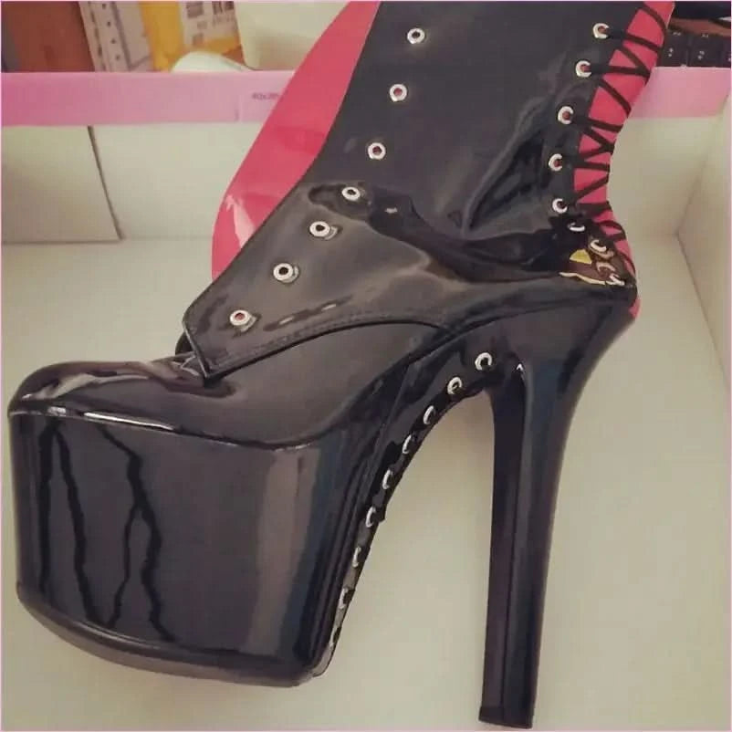Black Patent Platform Heel Lace-up Boots in Red and Black - Pleasures and Sins