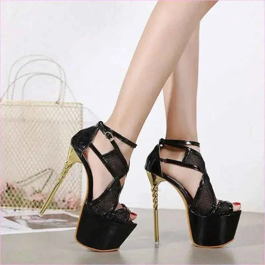 Black Peep Toe Twisted Strappy High Stiletto Platform Sandals - Pleasures and Sins