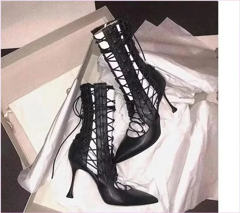 Black Pointed-toe Open Front Strappy High Heel Boots - Pleasures and Sins
