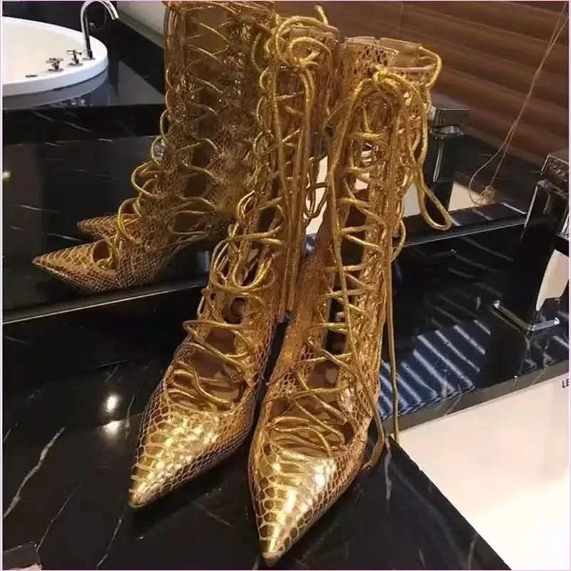 Black Pointed-toe Open Front Strappy High Heel Boots - Pleasures and Sins