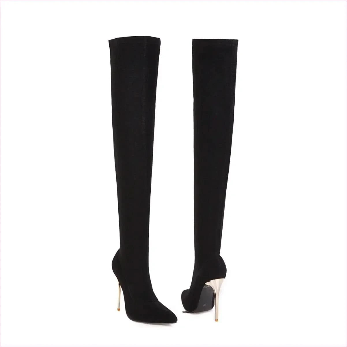 Black Pointed Toe Over-the-knee Unisex Boots with Gold Heels - Pleasures and Sins