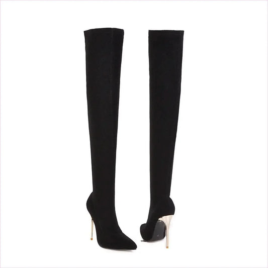 Black Pointed Toe Over-the-knee Unisex Boots with Gold Heels - Pleasures and Sins