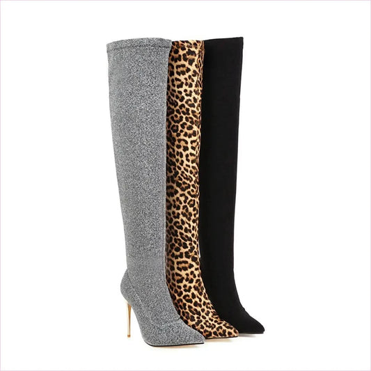 Black Pointed Toe Over-the-knee Unisex Boots with Gold Heels - Pleasures and Sins
