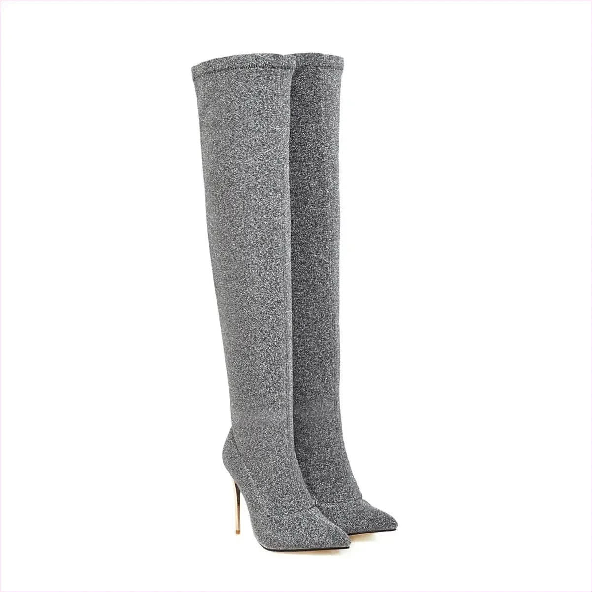 Black Pointed Toe Over-the-knee Unisex Boots with Gold Heels - Pleasures and Sins