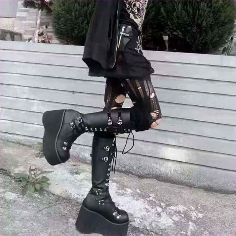 Black Punk Buckle Boots with Round Toe for Gothic Steampunk Style - Pleasures and Sins