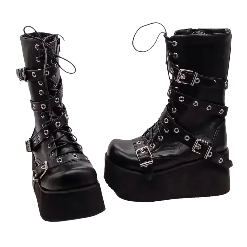 Black Punk Platform High Wedge Lace Up Steampunk Boots - Pleasures and Sins