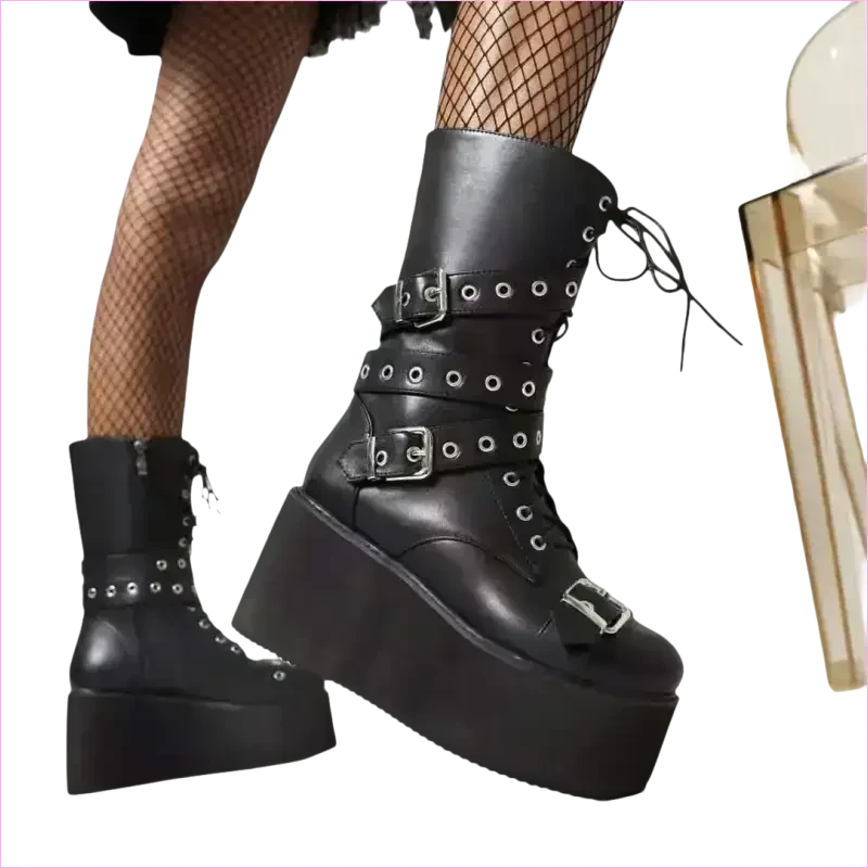 Black Punk Platform High Wedge Lace Up Steampunk Boots - Pleasures and Sins