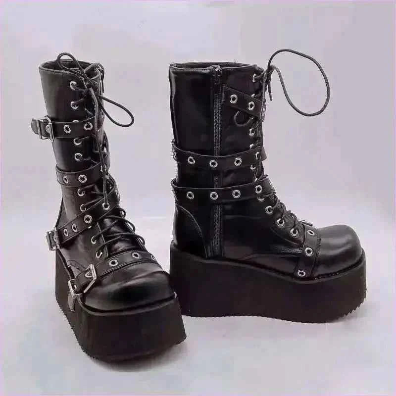 Black Punk Platform High Wedge Lace Up Steampunk Boots - Pleasures and Sins