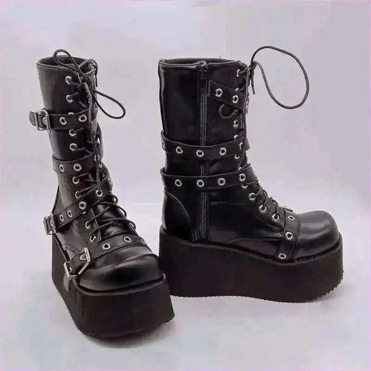 Black Punk Platform High Wedge Lace Up Steampunk Boots - Pleasures and Sins