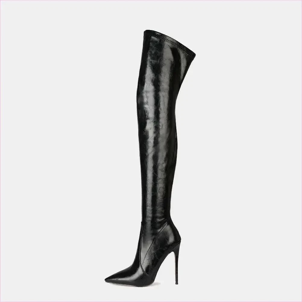 Black Sexy High Heel Thigh Length Pointed Toe Boots - Pleasures and Sins