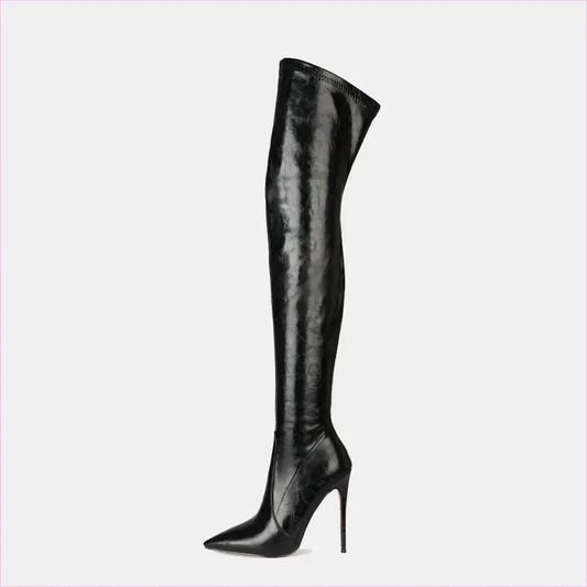 Black Sexy High Heel Thigh Length Pointed Toe Boots - Pleasures and Sins