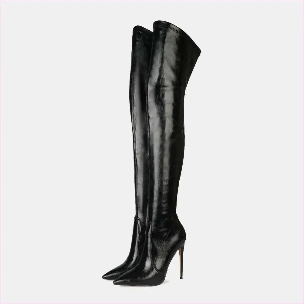 Black Sexy High Heel Thigh Length Pointed Toe Boots - Pleasures and Sins