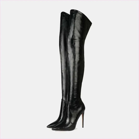 Black Sexy High Heel Thigh Length Pointed Toe Boots - Pleasures and Sins