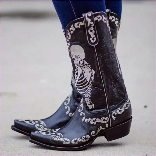 Black Skull Embroidered High Heel Cowgirl Boots for a Bold Look - Pleasures and Sins
