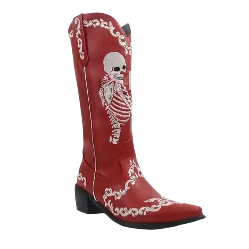 Black Skull Embroidered High Heel Cowgirl Boots for a Bold Look - Pleasures and Sins