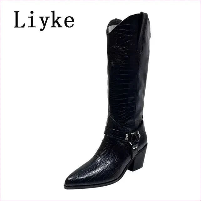 Black Snake Print Cowboy Knee High Riding Boots for Western Style - Pleasures and Sins