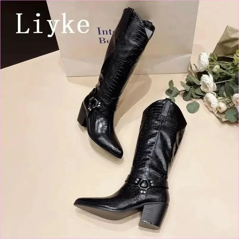Black Snake Print Cowboy Knee High Riding Boots for Western Style - Pleasures and Sins