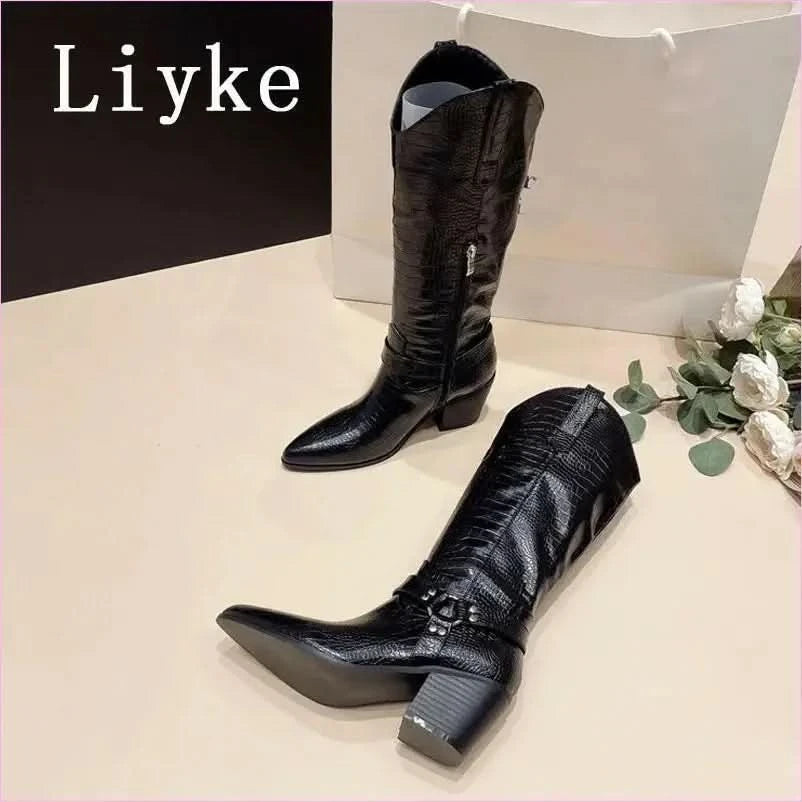 Black Snake Print Cowboy Knee High Riding Boots for Western Style - Pleasures and Sins