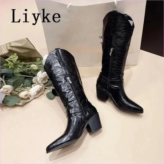 Black Snake Print Cowboy Knee High Riding Boots for Western Style - Pleasures and Sins