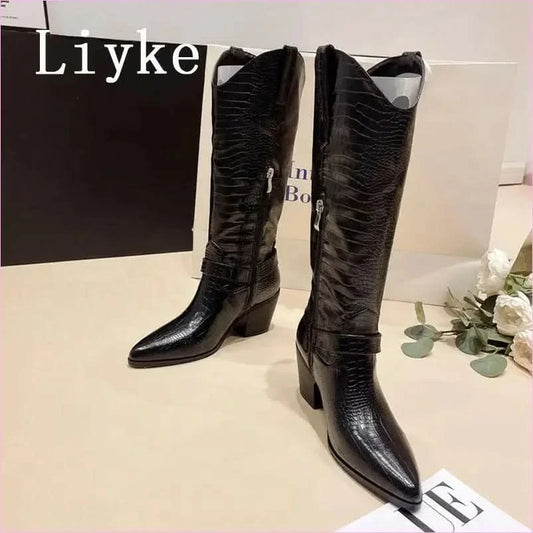 Black Snake Print Cowboy Knee High Riding Boots for Western Style - Pleasures and Sins