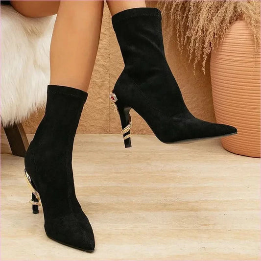 Black Stiletto Elasticated Sock Boots with Snake Heel and Jewel Accents - Pleasures and Sins