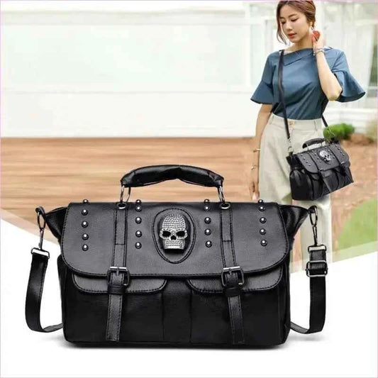 Black Studded Shoulder Bag with Skull Emblem and Details - Pleasures and Sins