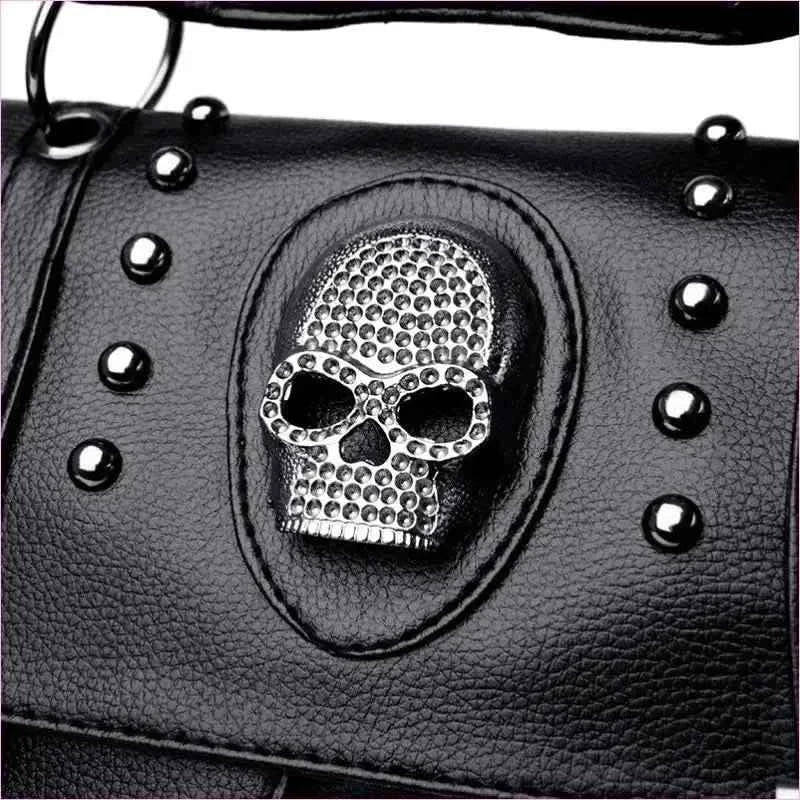 Black Studded Shoulder Bag with Skull Emblem and Details - Pleasures and Sins