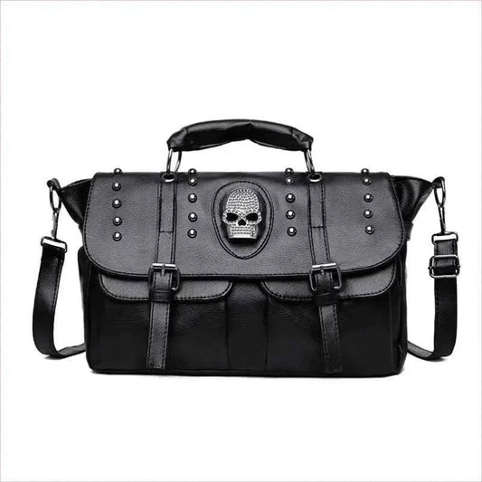 Black Studded Shoulder Bag with Skull Emblem and Details - Pleasures and Sins