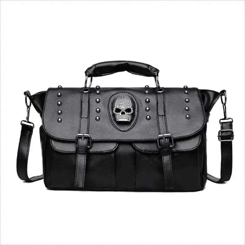 Black Studded Shoulder Bag with Skull Emblem and Details - Pleasures and Sins