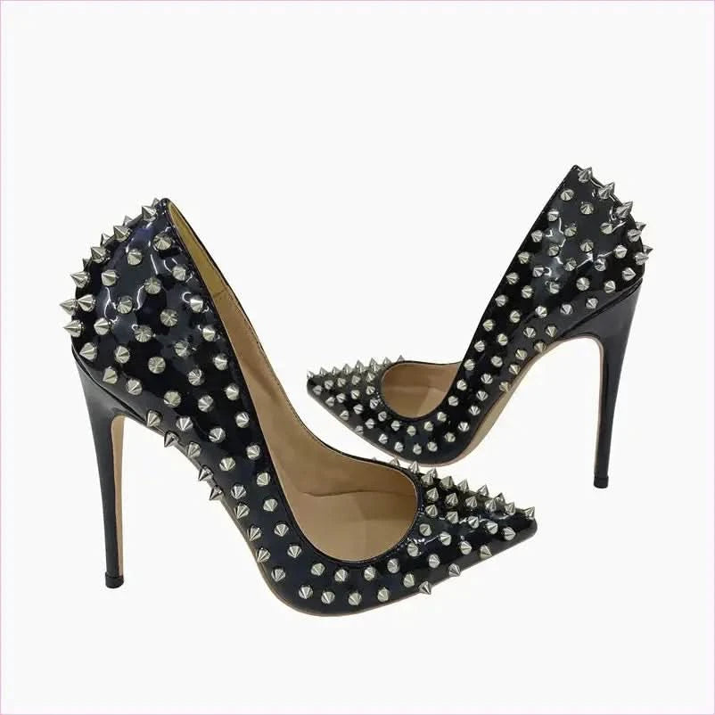 Black Studded Stiletto Low-cut Shoes with Silver Spikes - Pleasures and Sins