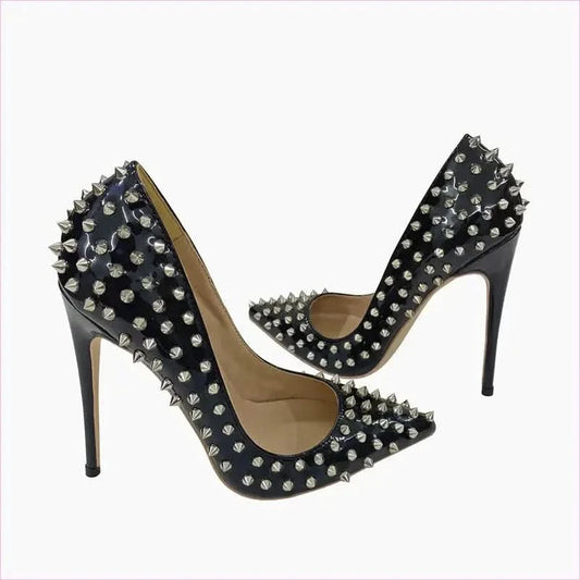 Black Studded Stiletto Low-cut Shoes with Silver Spikes - Pleasures and Sins