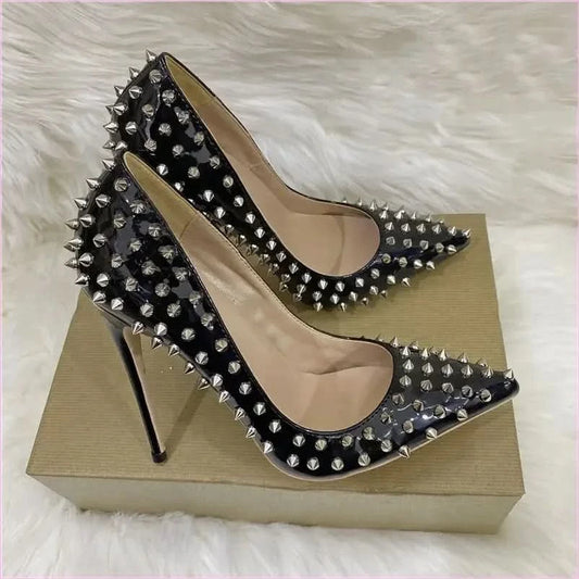 Black Studded Stiletto Low-cut Shoes with Silver Spikes - Pleasures and Sins
