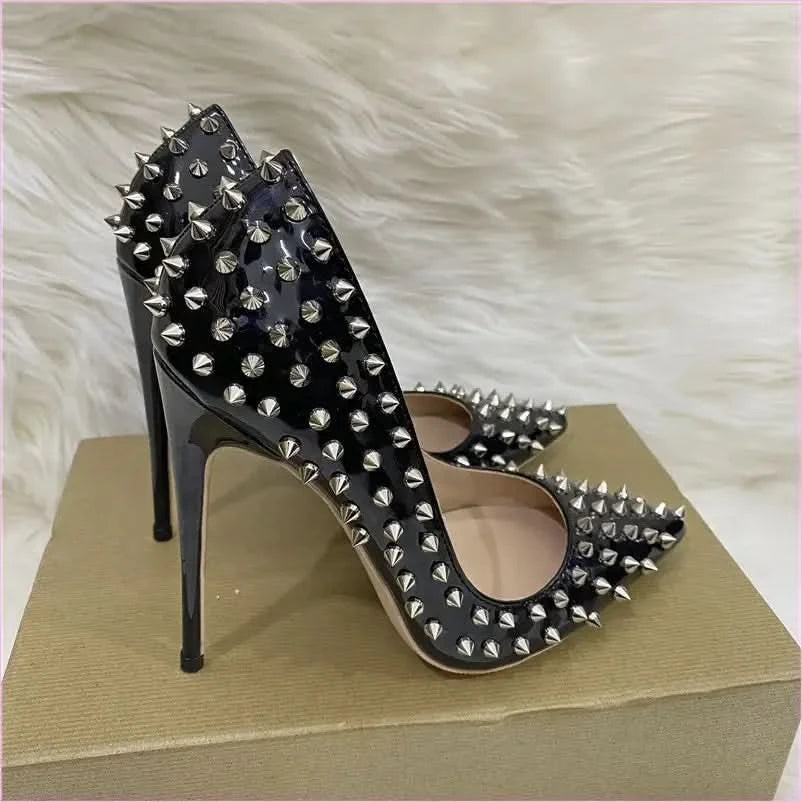 Black Studded Stiletto Low-cut Shoes with Silver Spikes - Pleasures and Sins