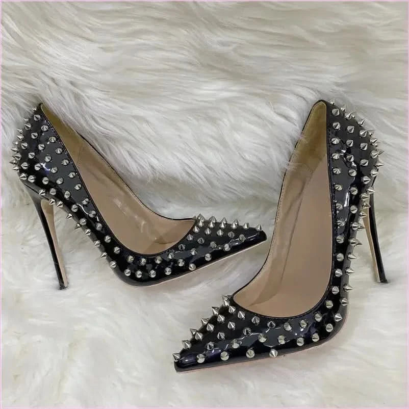 Black Studded Stiletto Low-cut Shoes with Silver Spikes - Pleasures and Sins