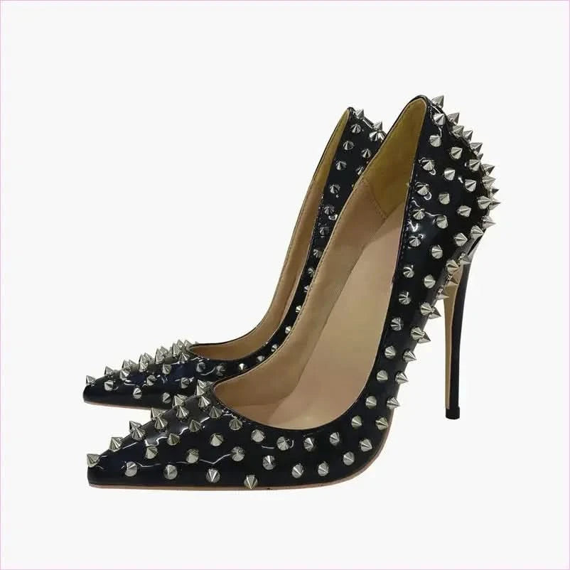 Black Studded Stiletto Low-cut Shoes with Silver Spikes - Pleasures and Sins