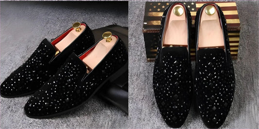 Black Suede Mens Studded Slip on Smart Loafer Style Shoe - Pleasures and Sins